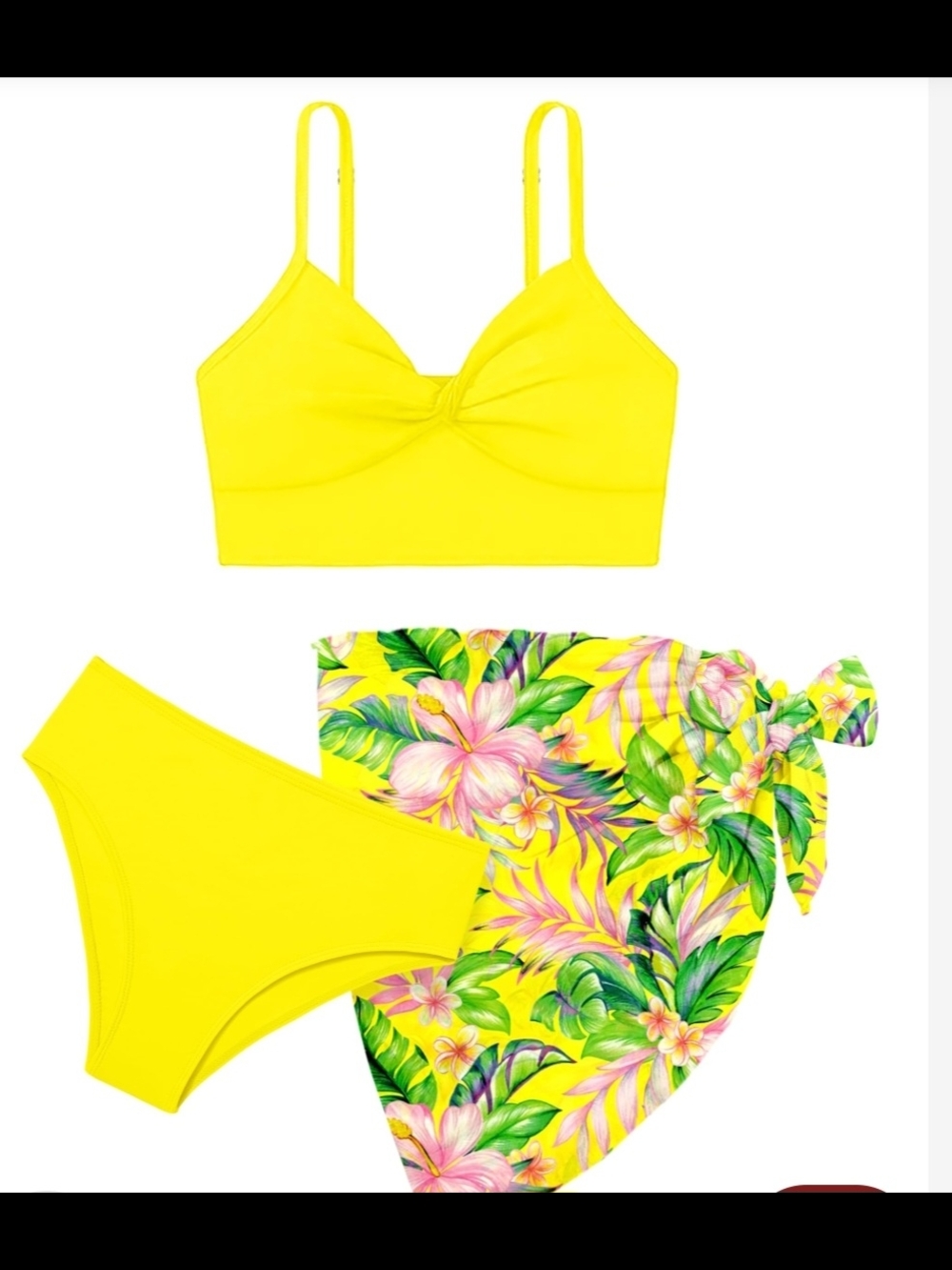 Bright Yellow 3-Piece Bikini Set Teen Tropical Sarong Size Girls 14/15 Swimsuit